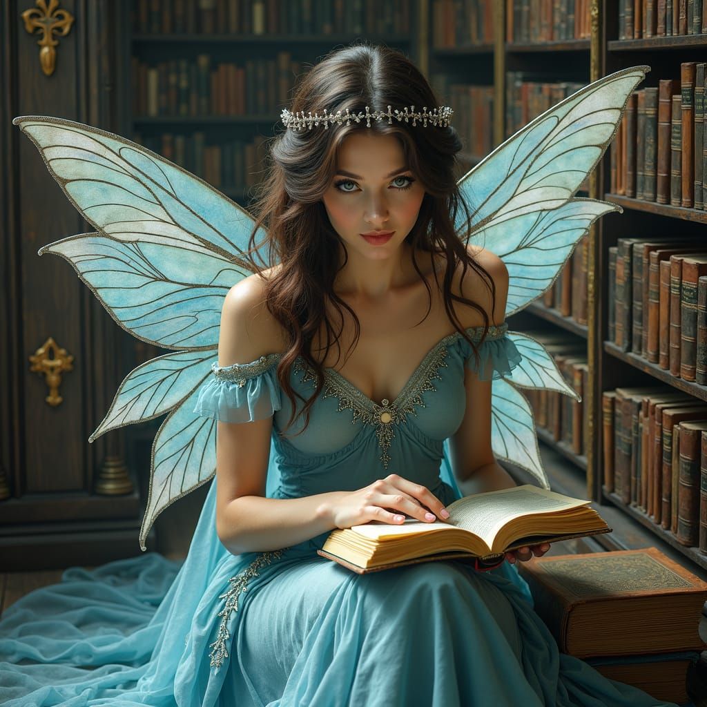 Fairy Reading in Mystical Library, Ethereal Art