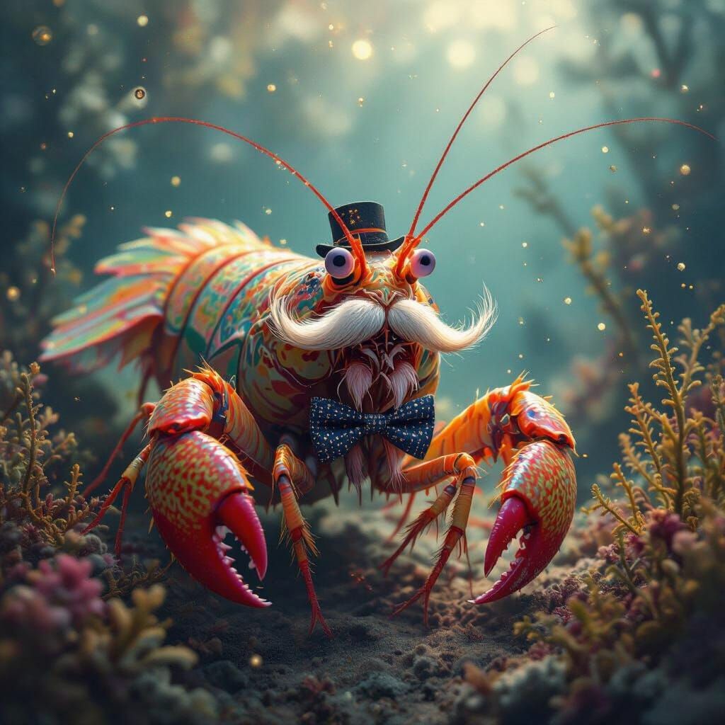 Peacock Mantis Shrimp Gentleman in Surreal Photoillustration