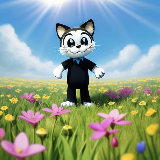 Felix the Cat with Spring Flowers in Cartoon Style