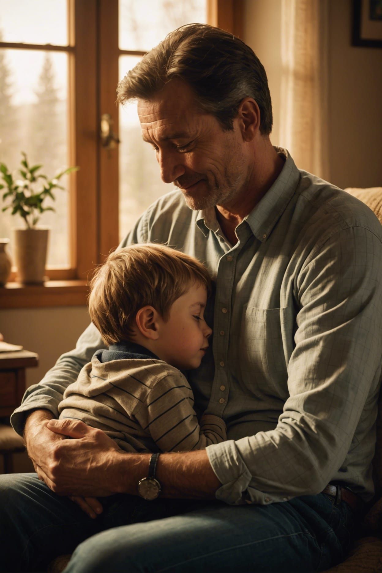 Heartwarming Father-Child Embrace in Golden Light