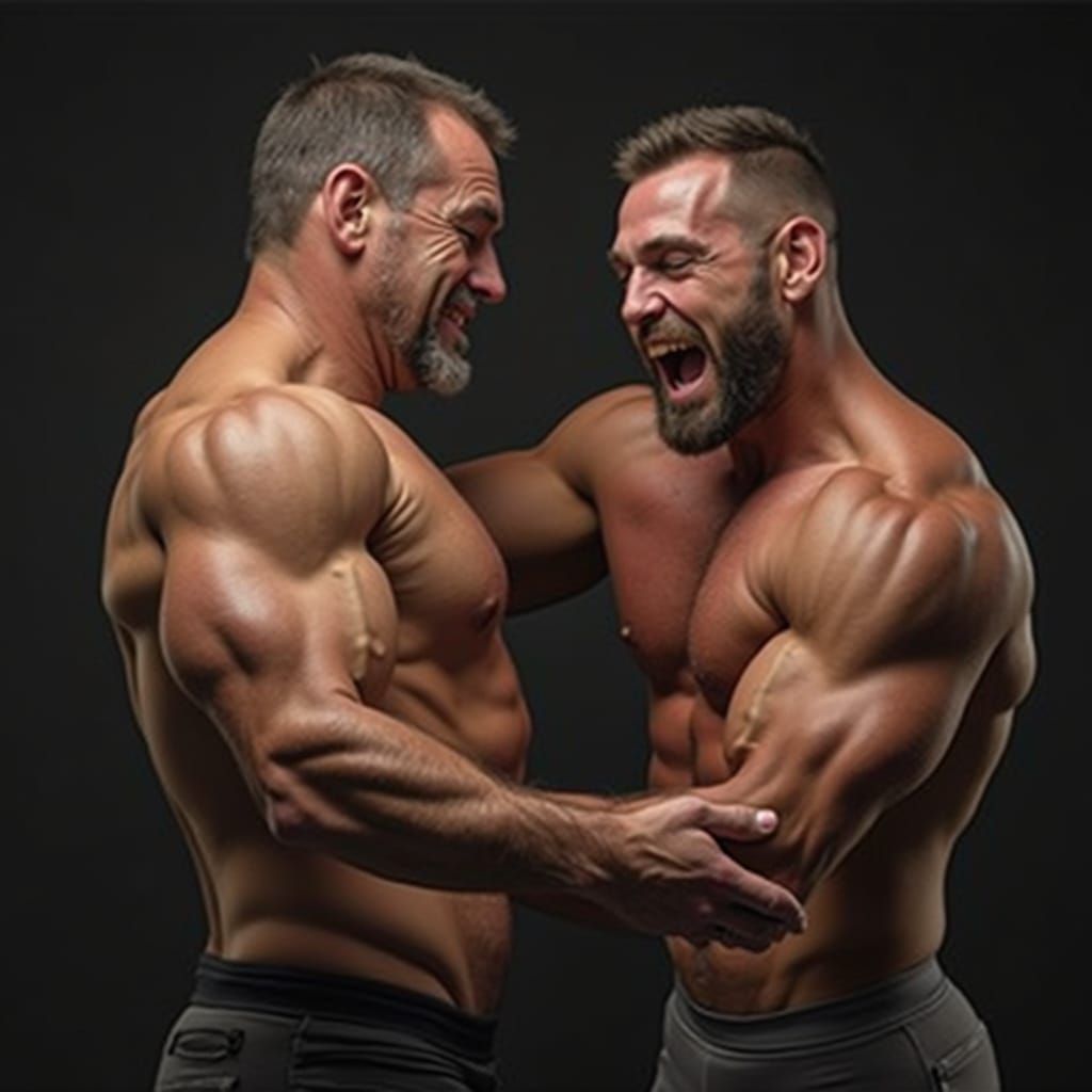 Naked Middle-Aged Bodybuilders Wrestling
