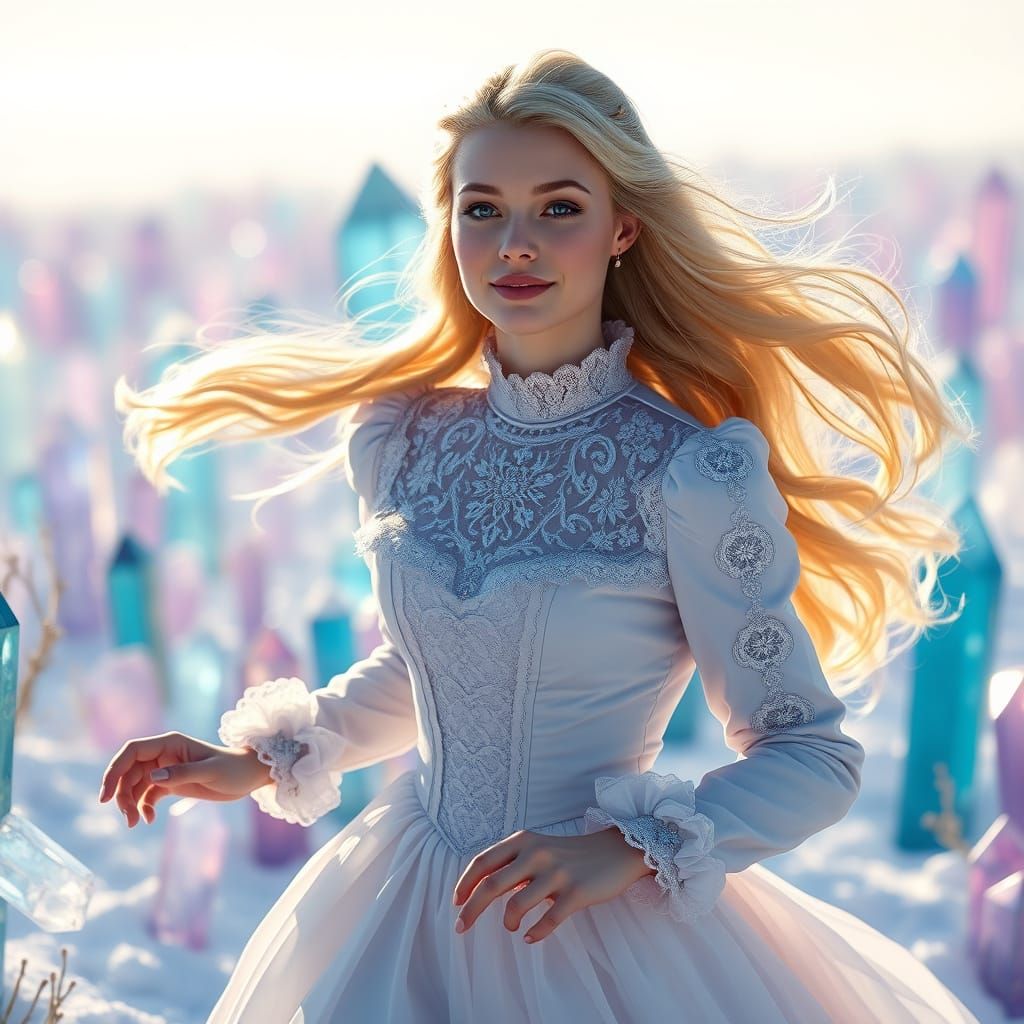 Victorian Woman in Snowy Crystal Field Dreamscape