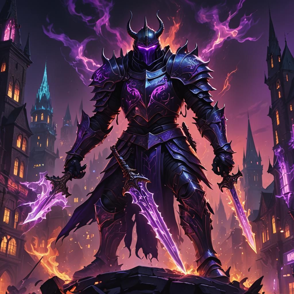 Demonic Knight with Purple Aura in Neon Cityscape