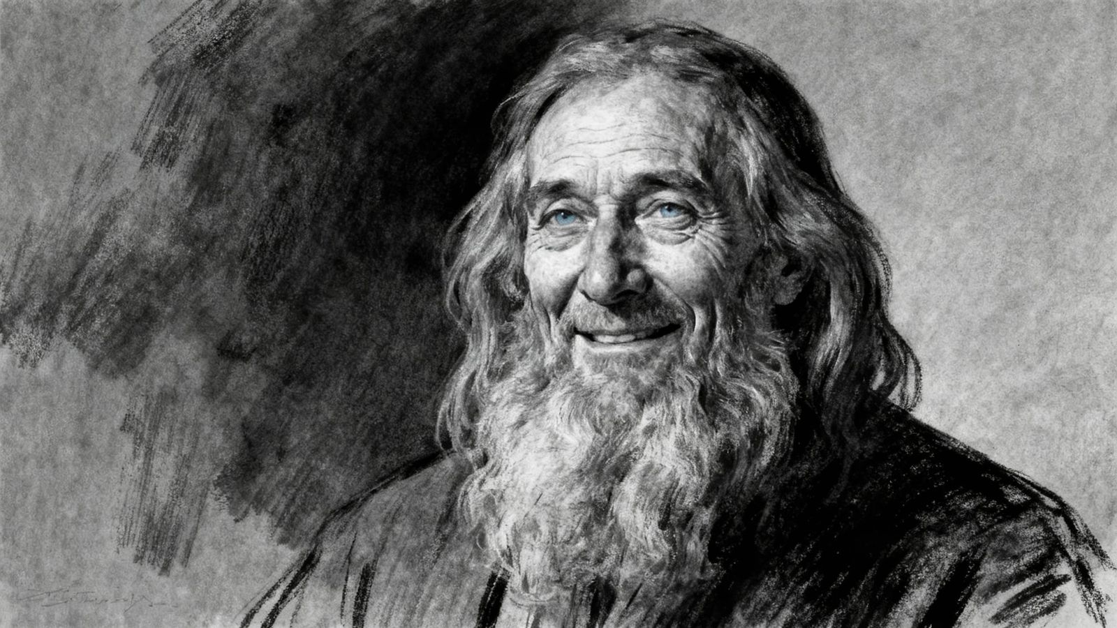 Kind Old Man Portrait Charcoal Sketch with Blue Eyes