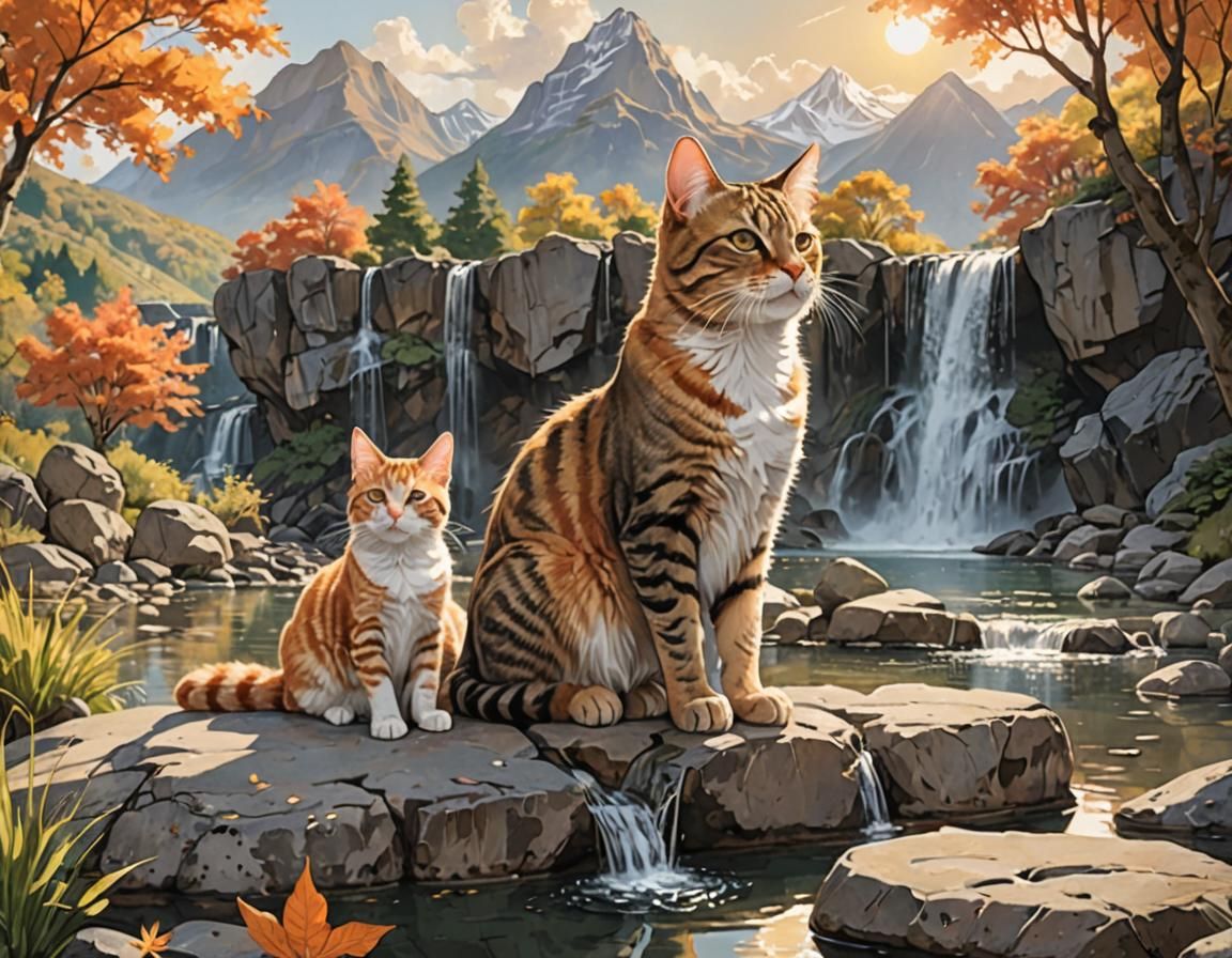 Tabby Cats Relaxing by Pond in Cel-Shaded Style