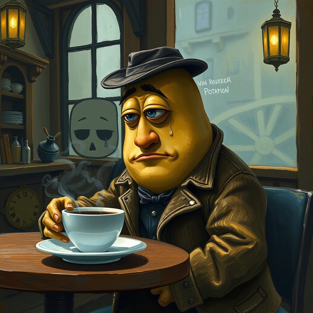 Melancholic Potato at Cafe, in Van Gogh Style