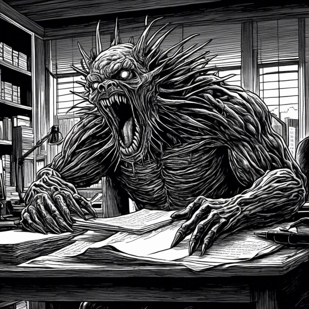Terrifying Office Monster in Woodcut Art Style