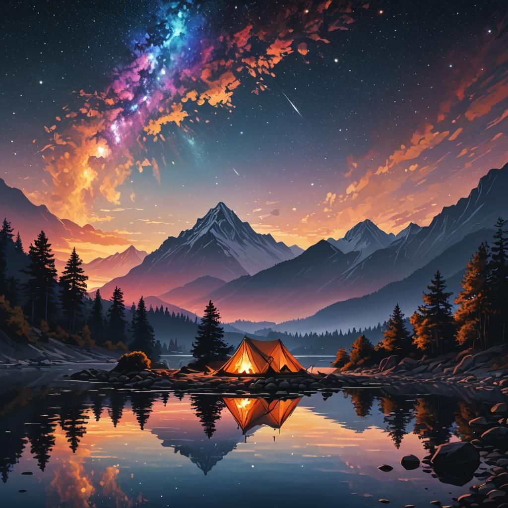 Twilight Campsite Reflection in Hyperdetailed Color Gradient