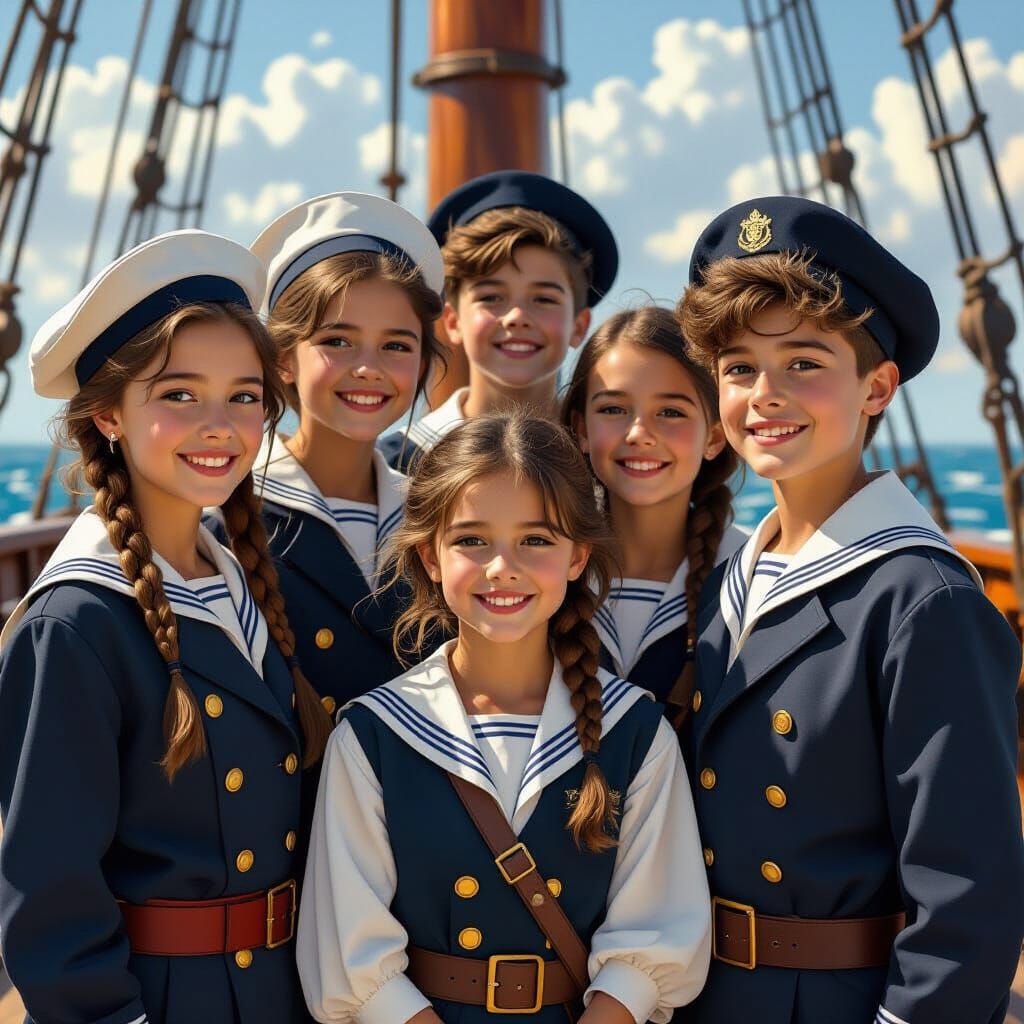 Children in Sailor Suits on Vintage Ship
