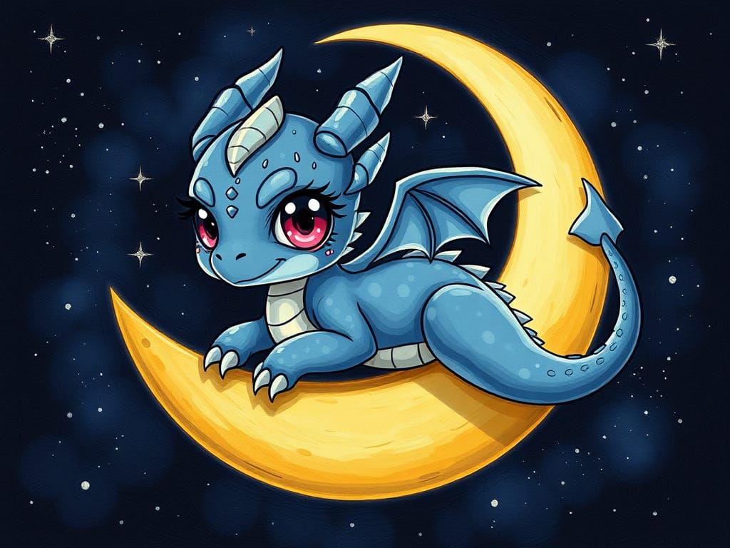 Chibi Dragon Under Starry Night Sky
