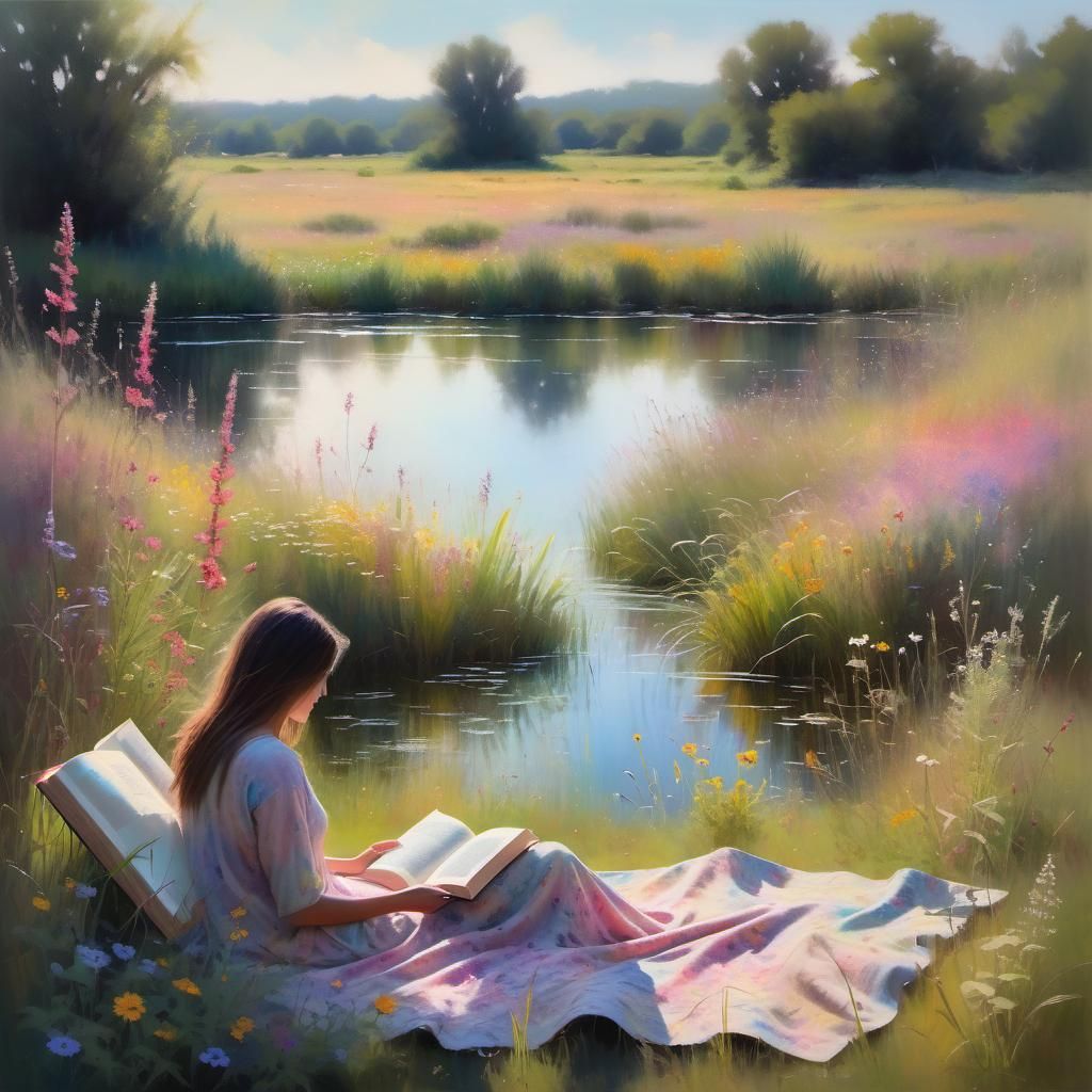 Sunlit Meadow Reader in Impressionistic Pastel Hues