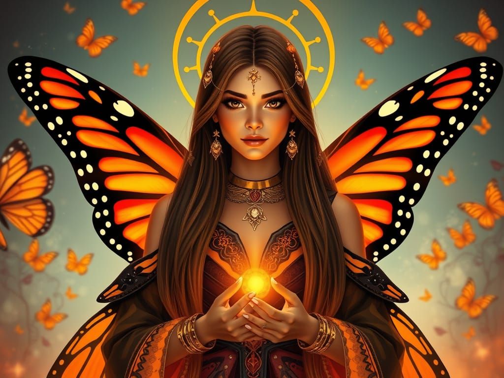 Majestic Woman with Butterfly Gown in Art Nouveau Style