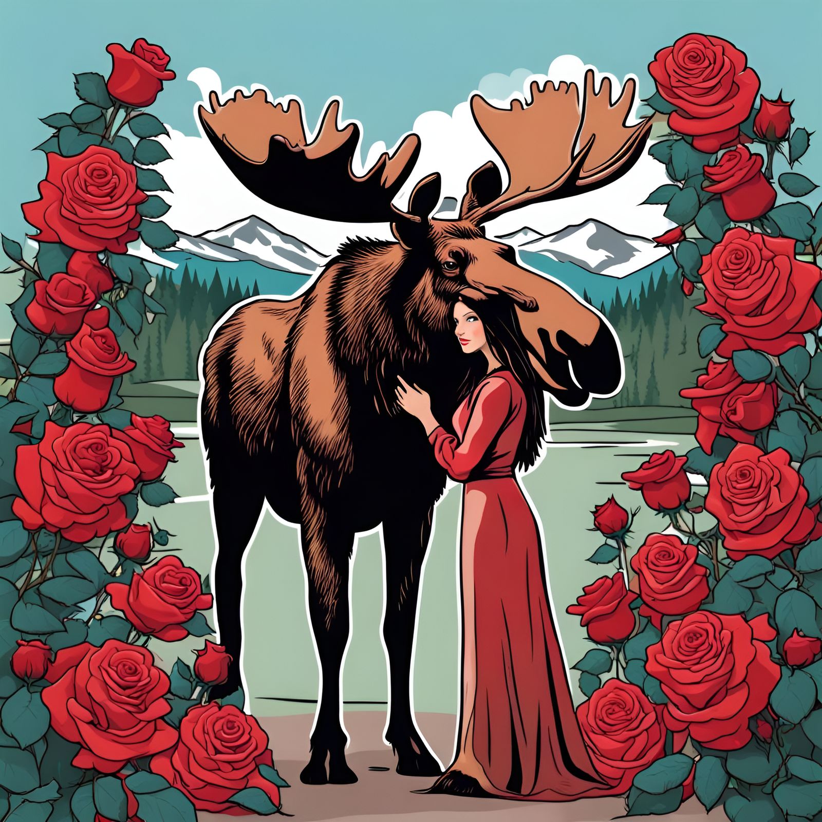 Moose Theme Park with Roses and Woman