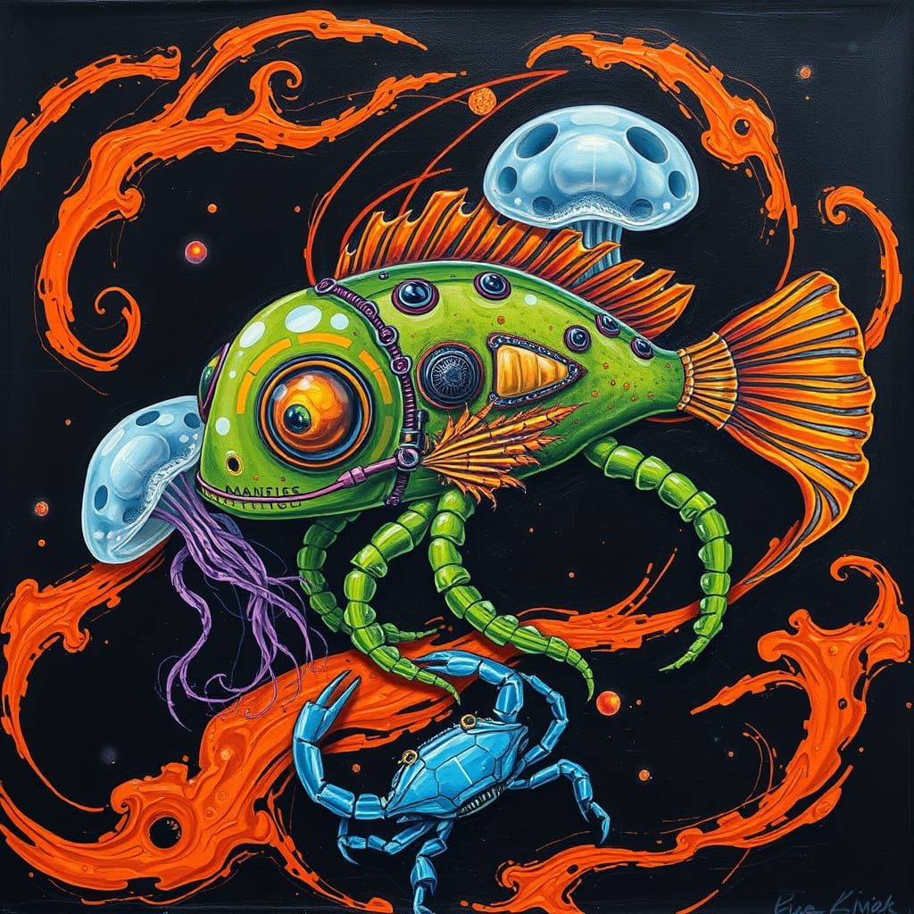 Robotic MonkeyFish with Jellyfish in Gouache Style