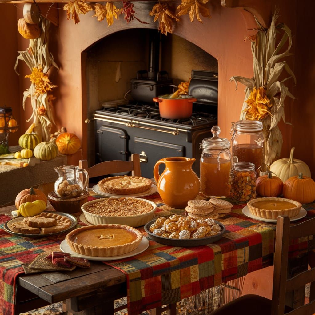 Cozy Autumn Kitchen with Pumpkin Pies and Apple Cider
