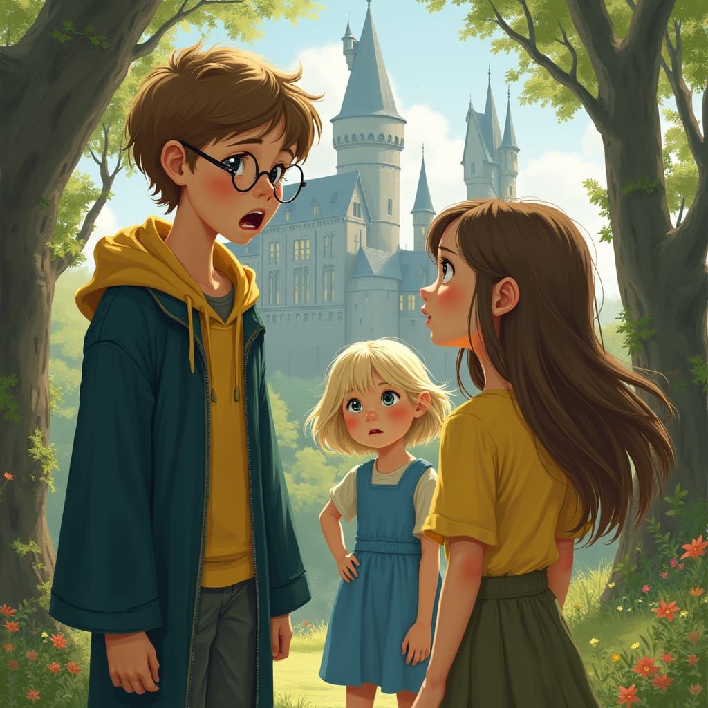 Children Encounter Boy Wizard in Fantasy Landscape