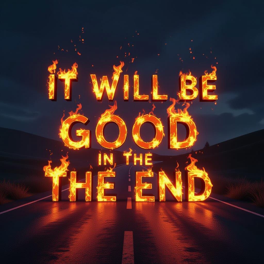 Fiery Hope Message on a Dark Road in 3D