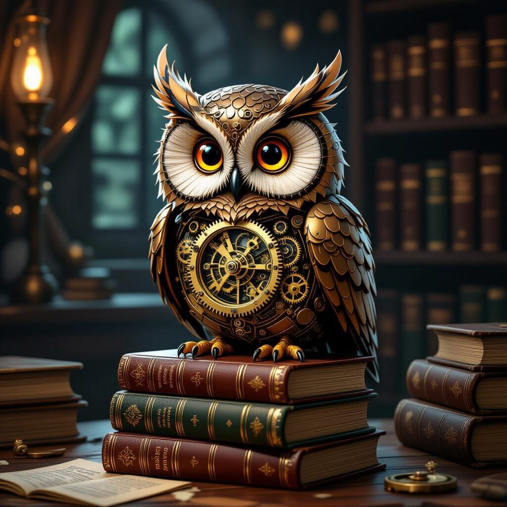 Whimsical Clockwork Owl Scholar on Books