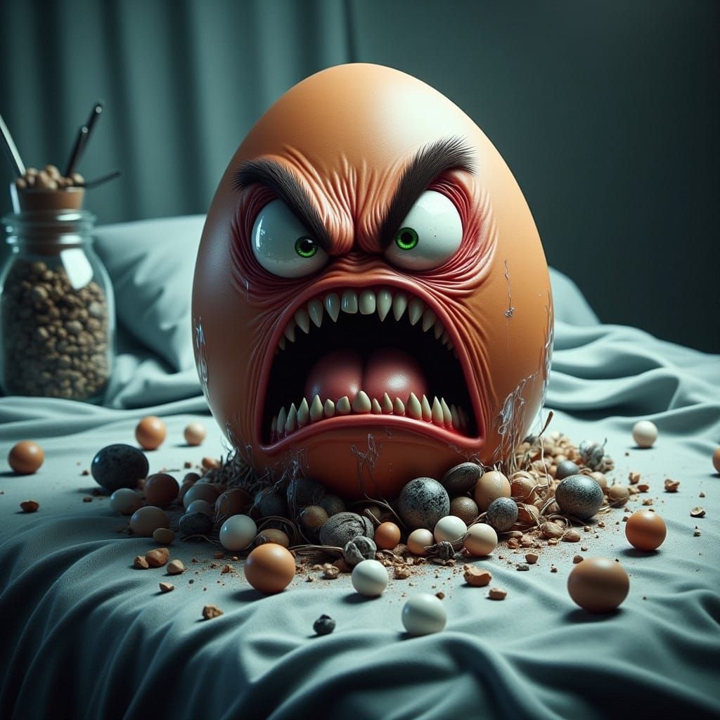 Angry Egg in Hospital Bed: Hyperrealistic Digital Art
