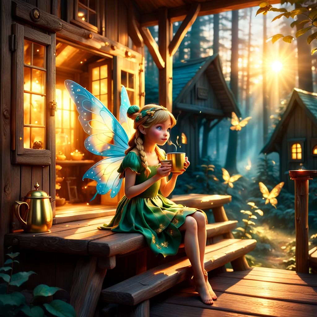 Fairy Sipping Coffee at Sunrise: Fantasy Realism