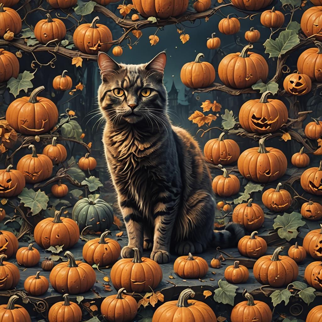Cat and Pumpkin Fantasy Concept Art in Deep Color