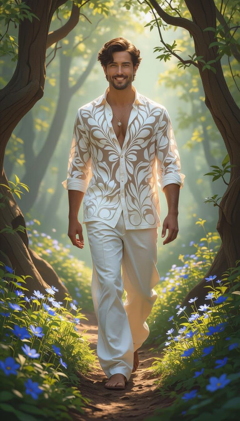 Man Walks Through Enchanted Forest in Luminous Digital Matte...