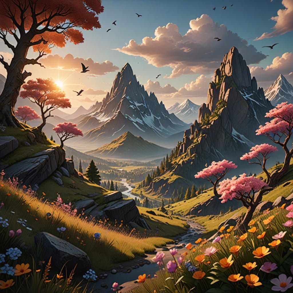 Majestic Sunset in a Fantastical Landscape