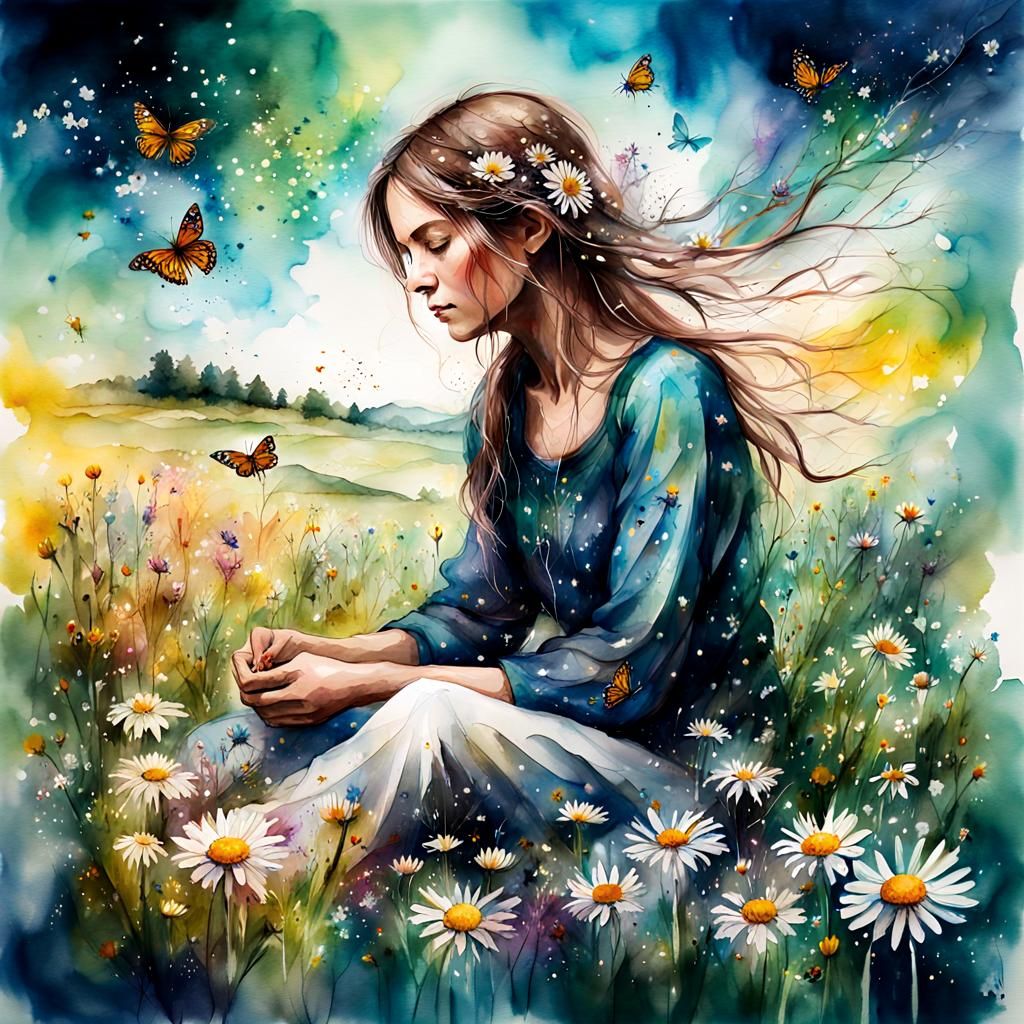 Woman in Wildflower Meadow: Digital Impressionist Painting