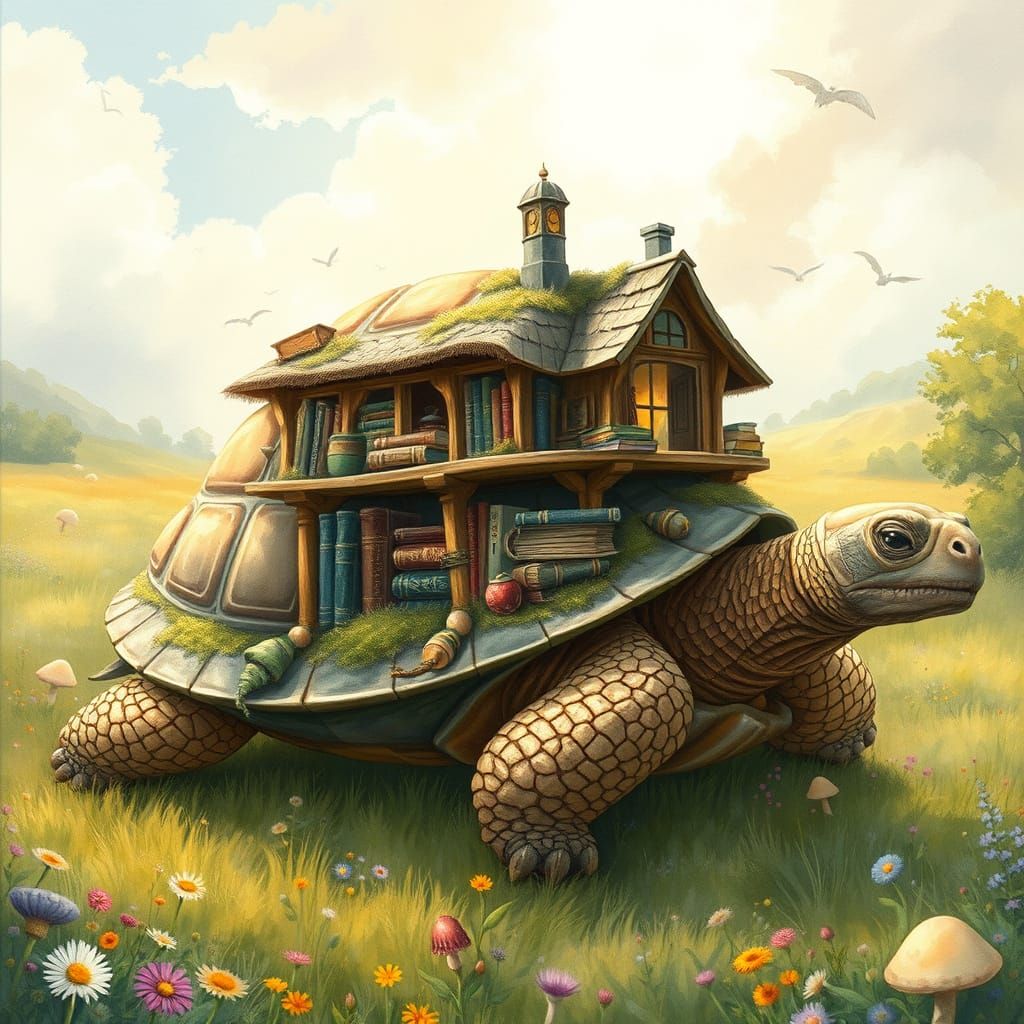 Whimsical Bookstore on a Giant Tortoise