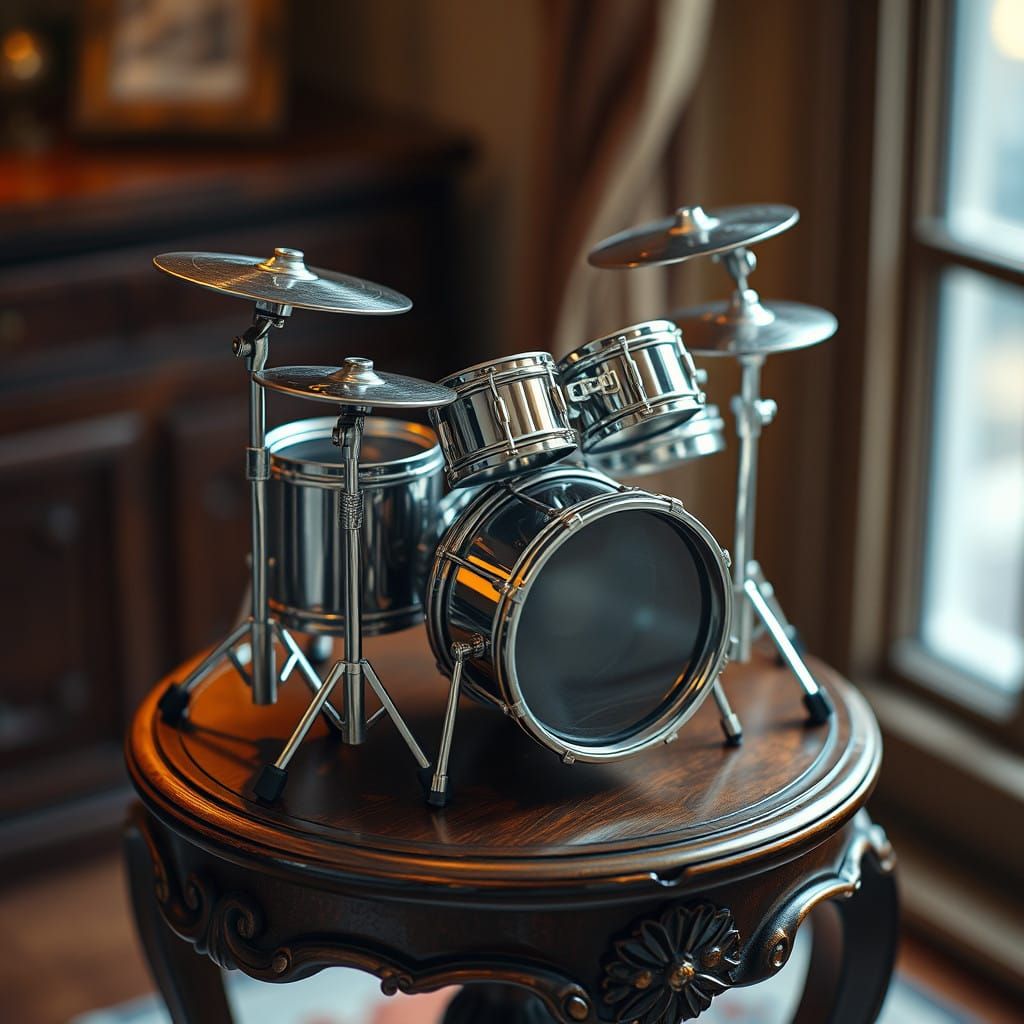 Compact Futuristic Drum Set in Ornate Wood
