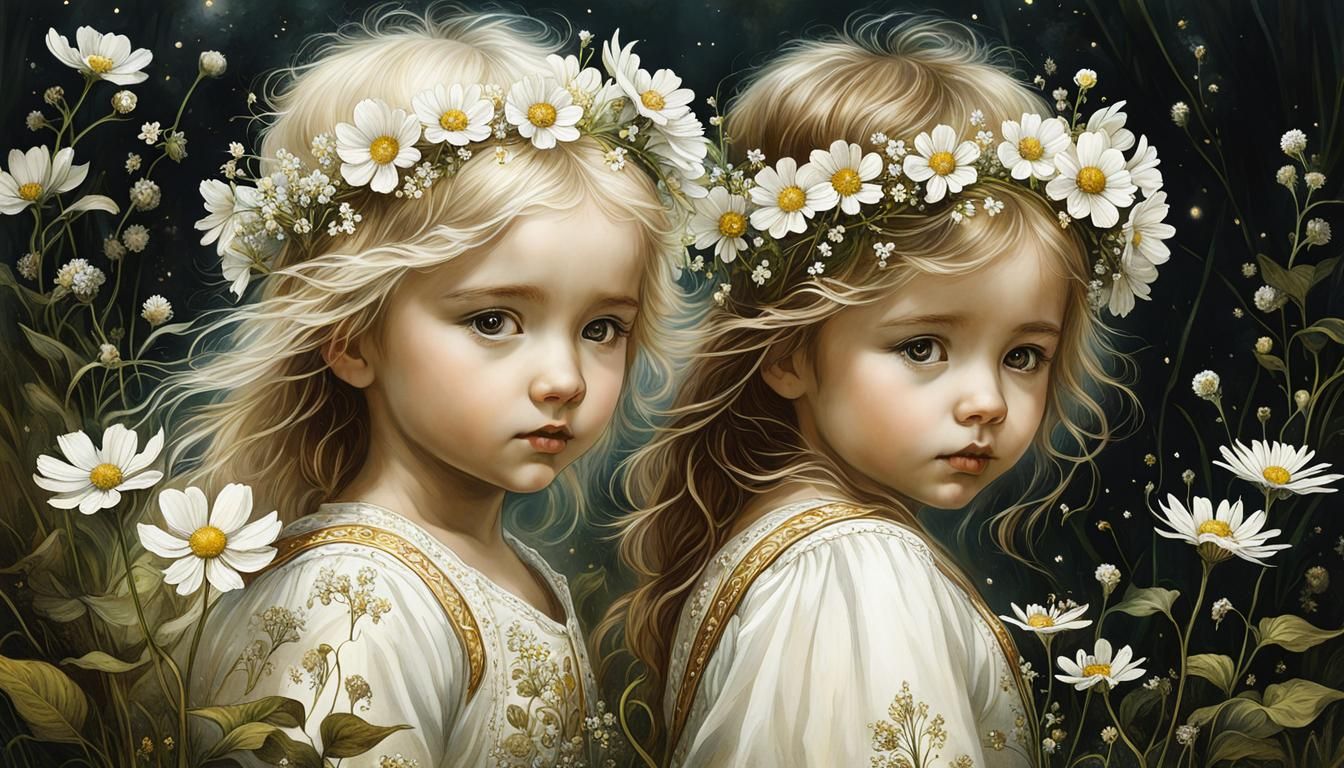 Toddler Siblings Among Wildflowers, Fantasy Illustration