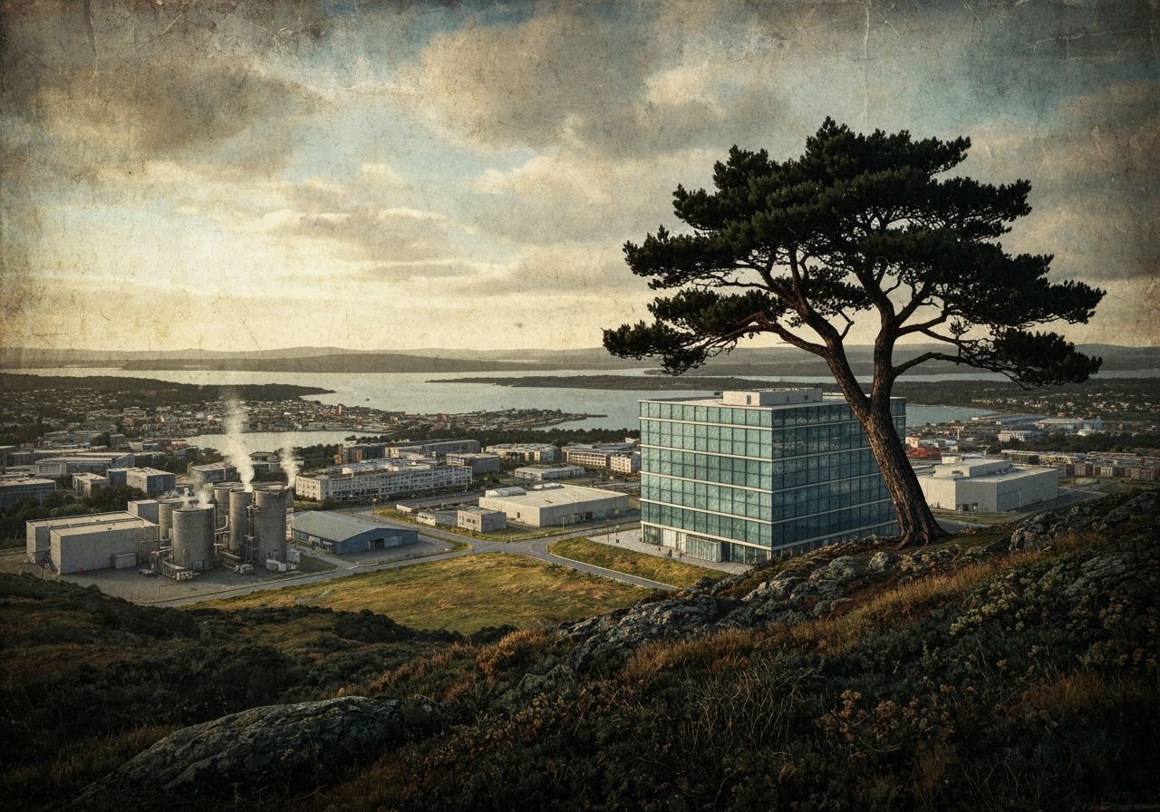 Gritty Comic Art Cityscape with Data Center and Pine Tree