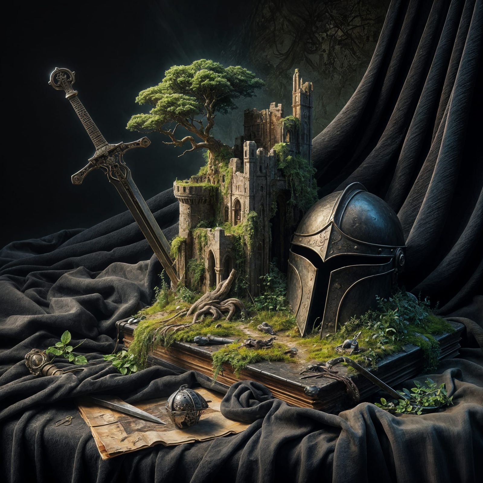 Epic Knight Still Life on Velvet, Hyperrealistic Oil Paintin...