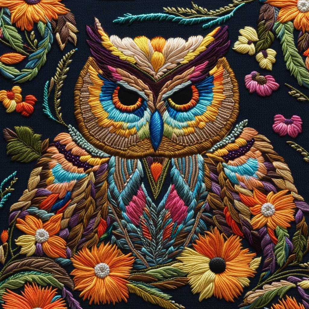 Embroidered Owl with Neon Wings and Jungle Flowers