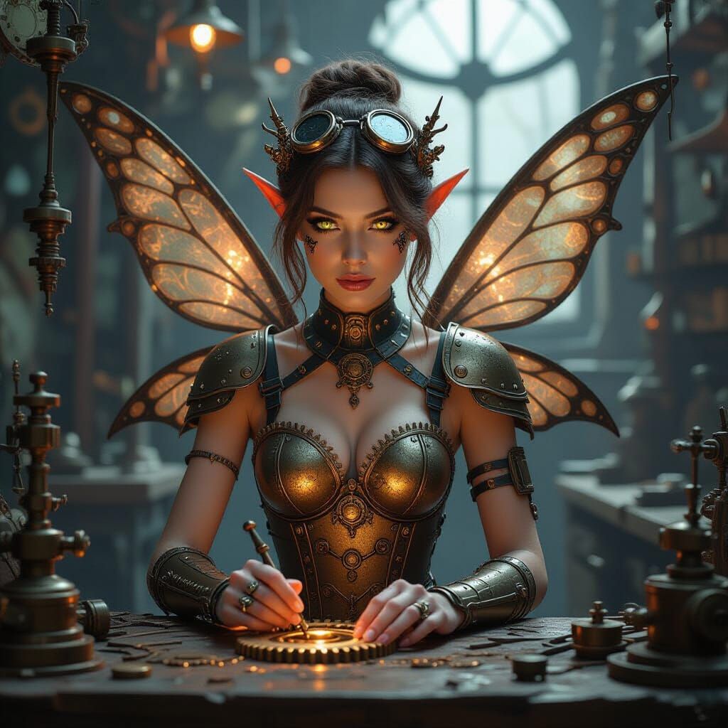 Steampunk Fairy Tinkering in a Clockwork Workshop