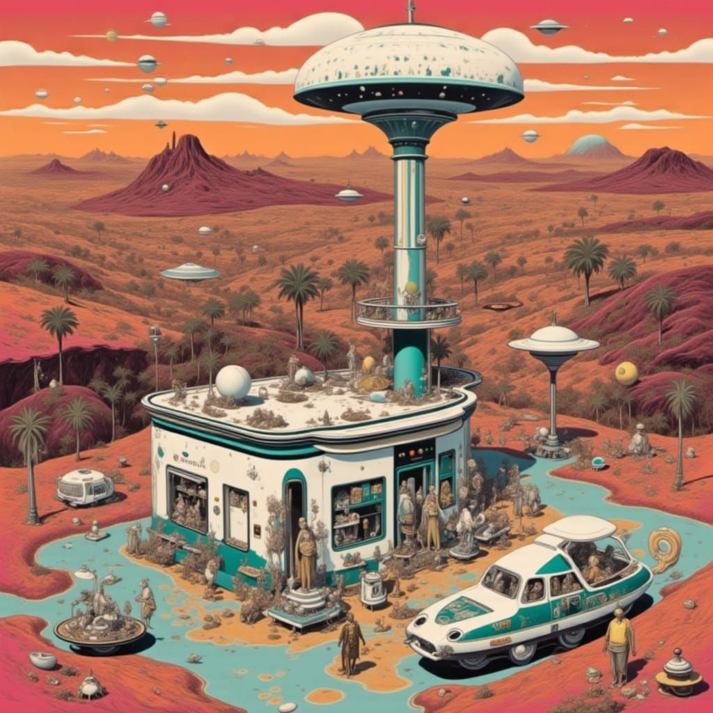 Martian Gas Station in a Surreal Style
