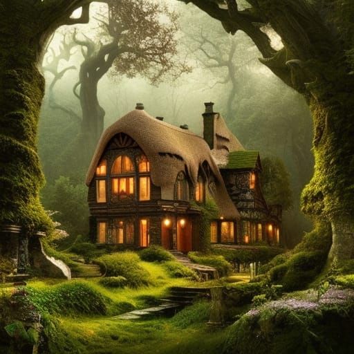 Hyperdetailed Rose Cottage in Forest: Digital Matte Painting