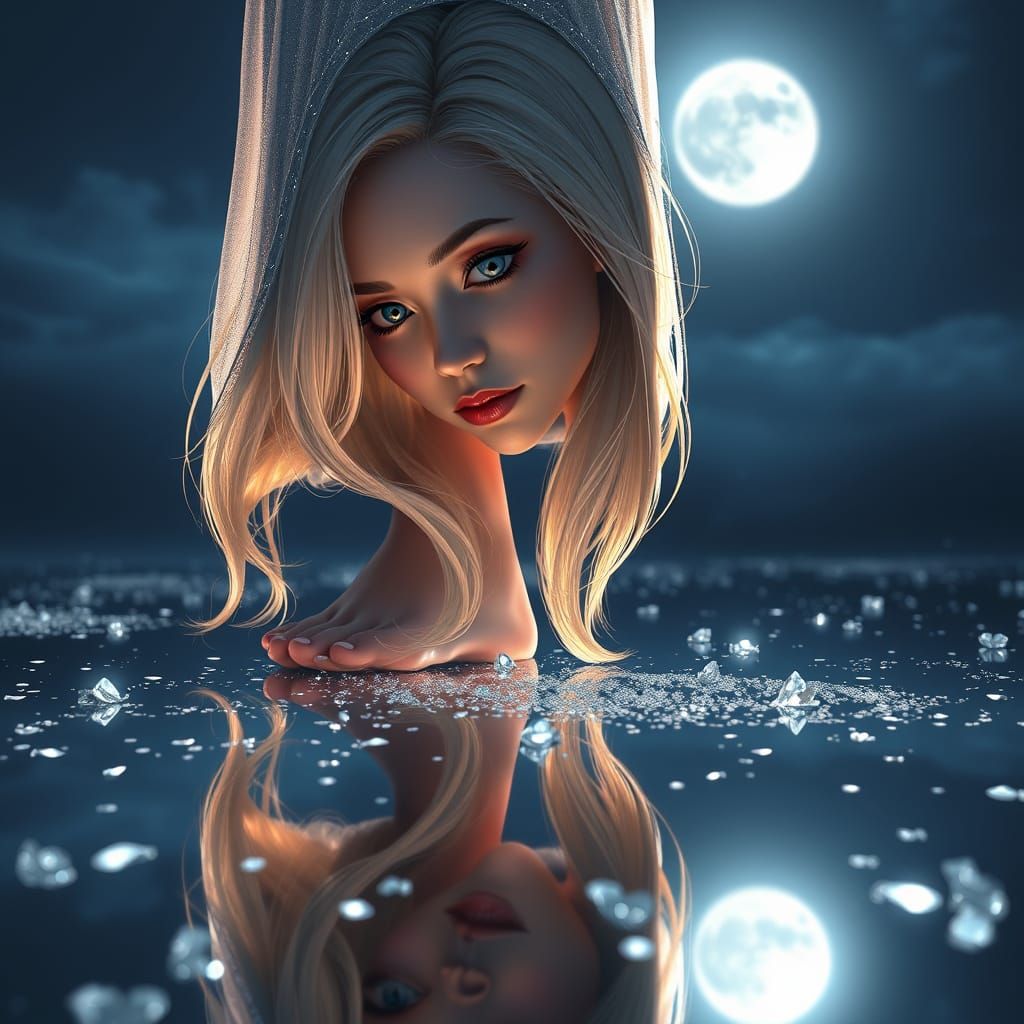 Woman on Moonlit Lake with Alternate Reflection