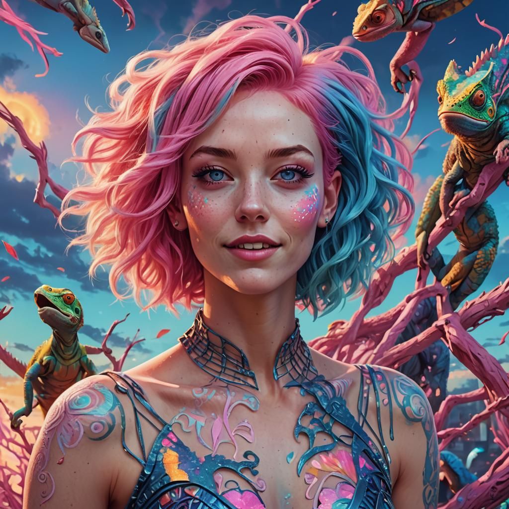 Vibrant Digital Art of a Young Woman with Chameleon Power