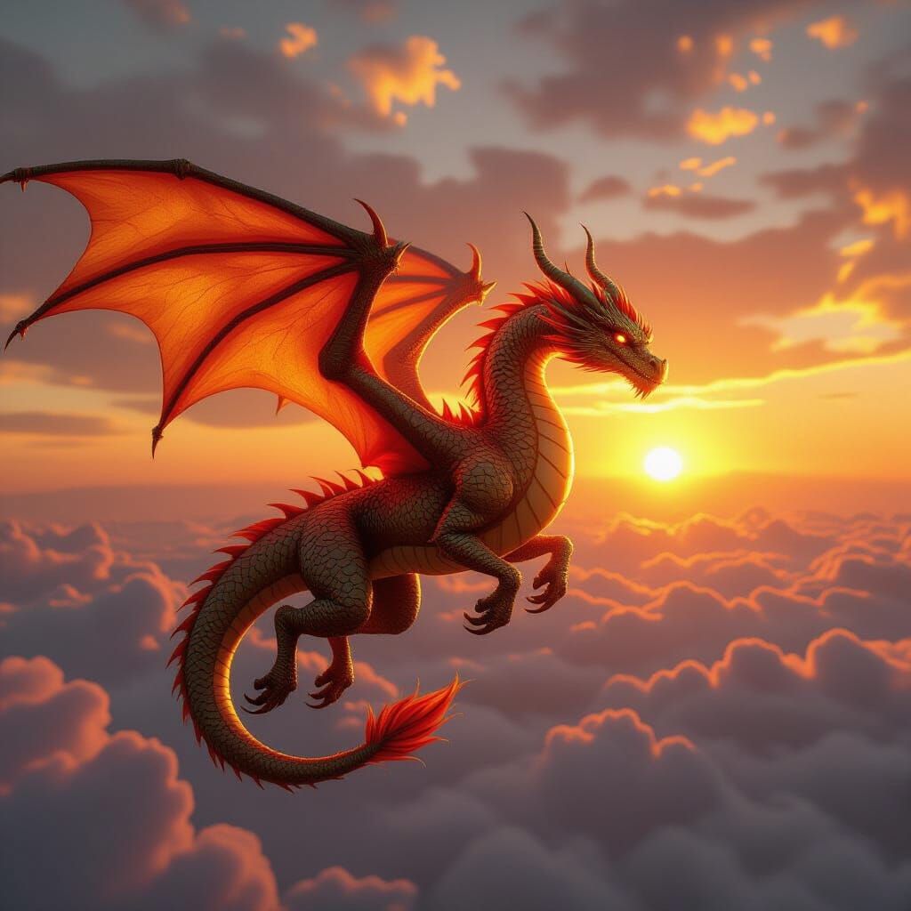Golden Dragon Soars Through Sunset Sky in 3D Game Cinematic