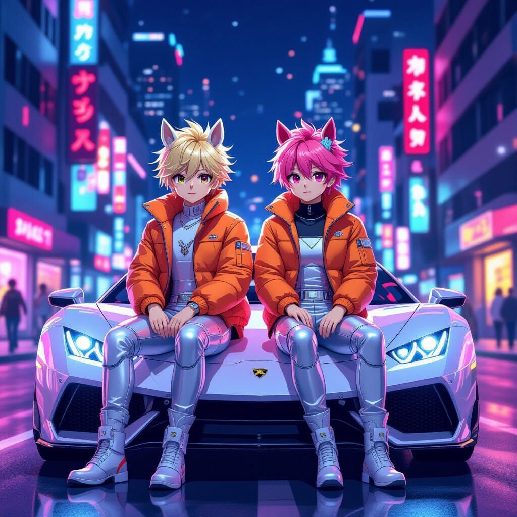Anime Boys with Horse Ears in Cyberpunk City
