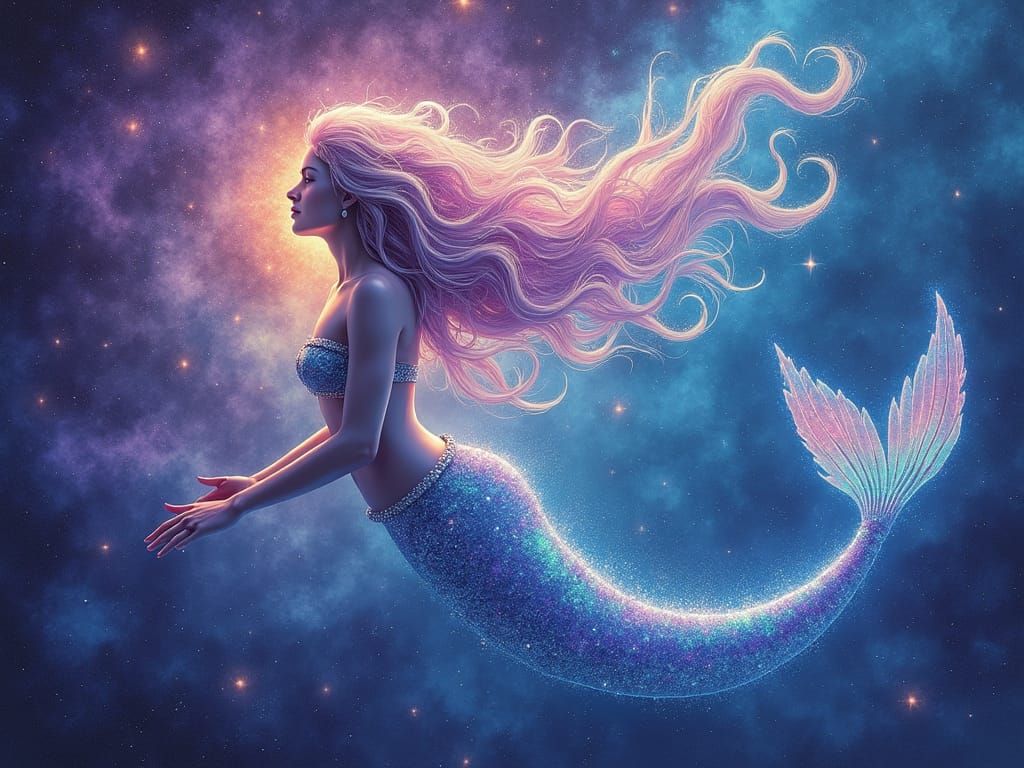 Iridescent Mermaid in Astral Sea: Holographic Illustration