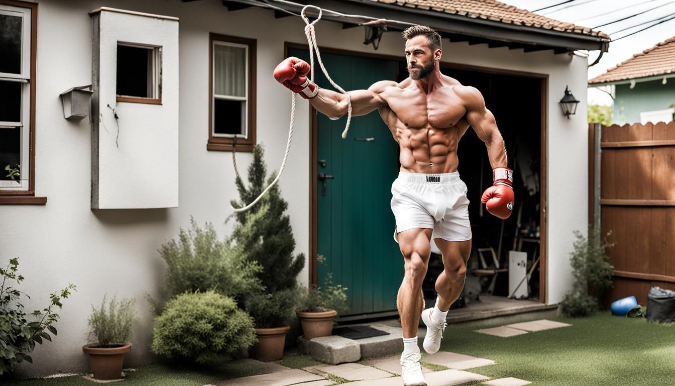 Muscular Man Jumps Rope: Home Training in Briefs