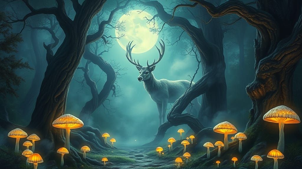 Mystical Forest Clearing with Spectral Stag in Moonlight