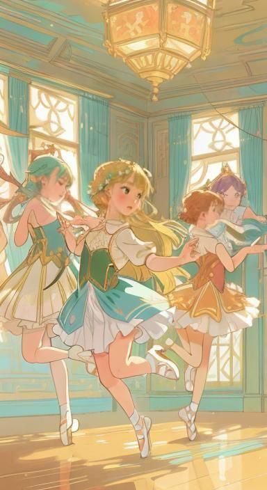 Ballet Practice in Anime Style Acrylic Painting