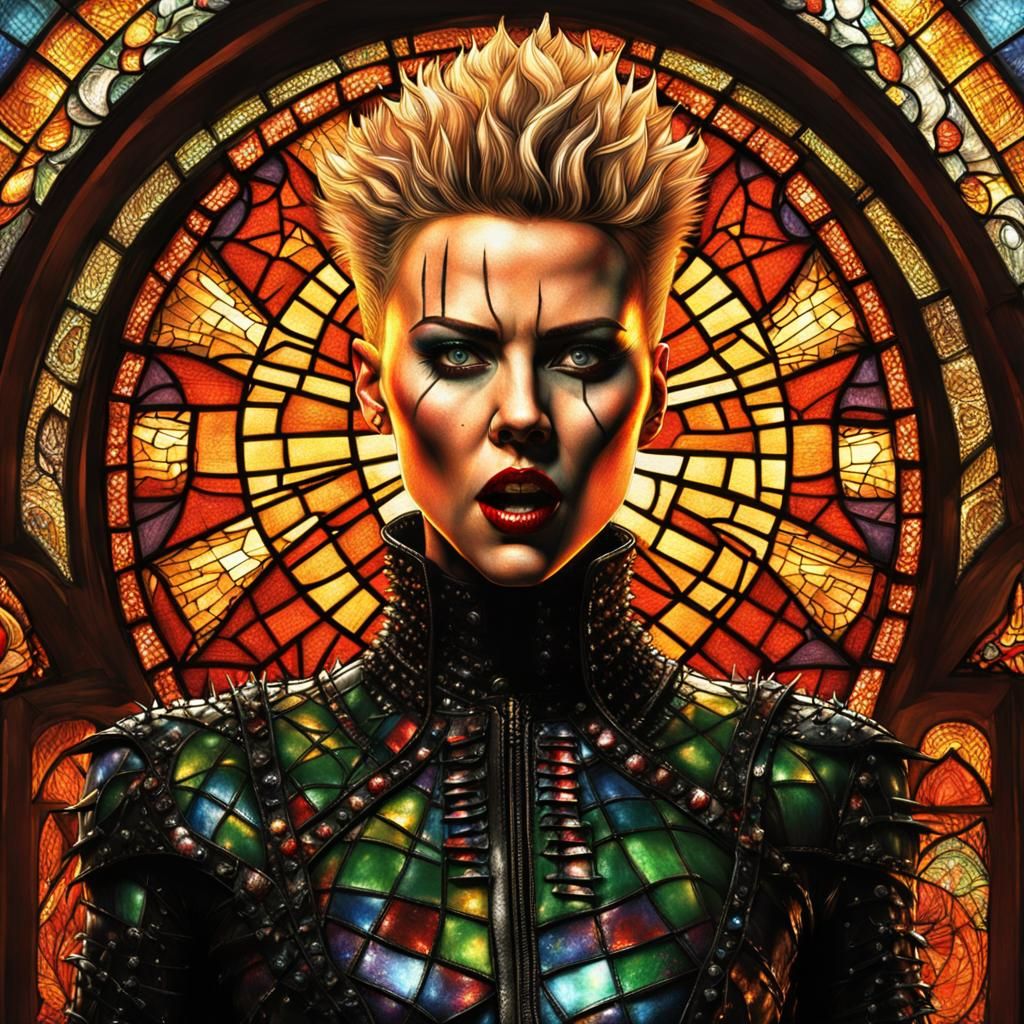 Hyperrealistic Female Pinhead in Front of Stained Glass