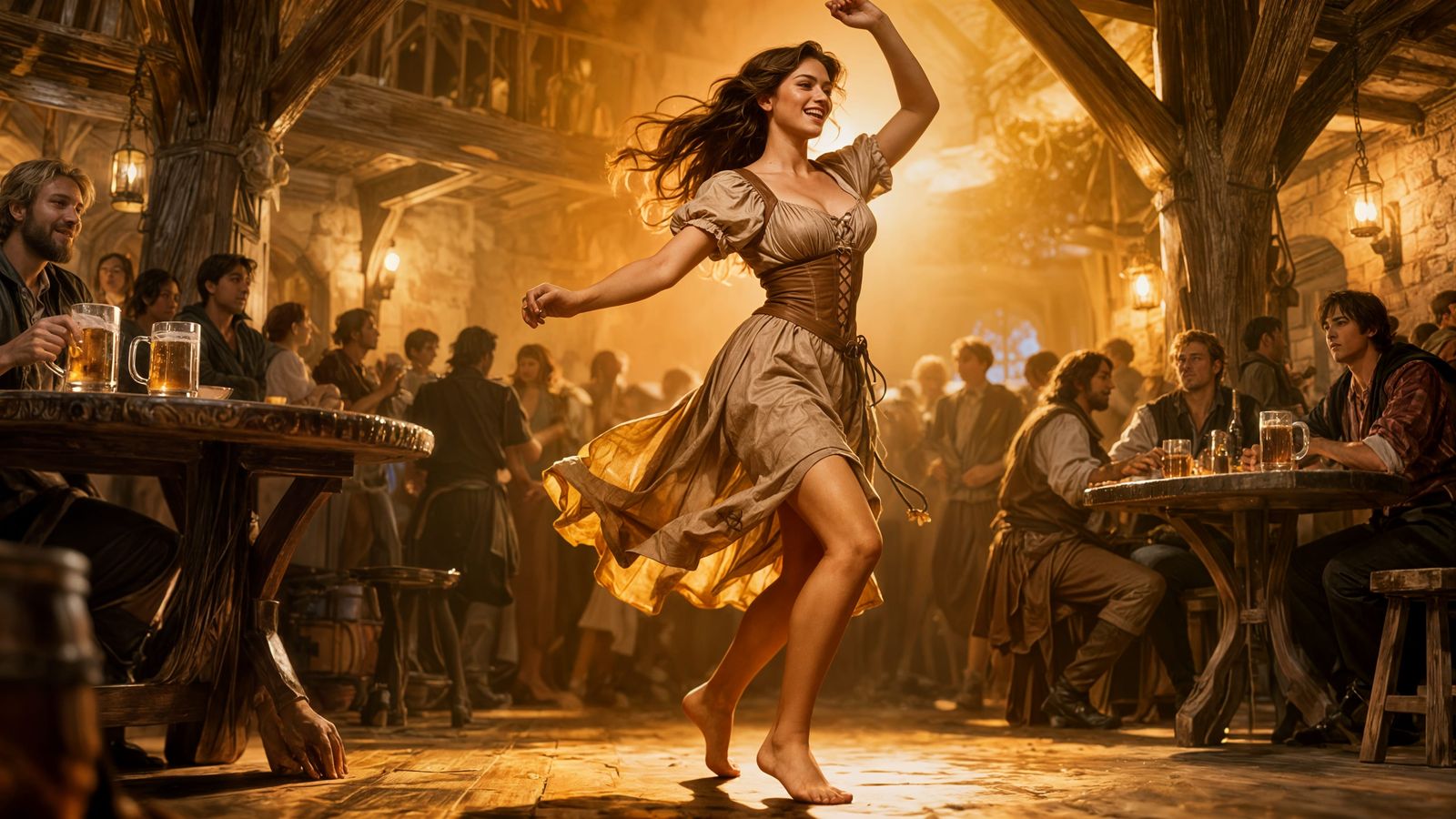 Joyful Tavern Dancer in Dark Fantasy Style