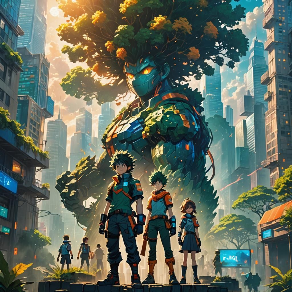 Izuku Midoriya and Friends in Fantasy Cityscape