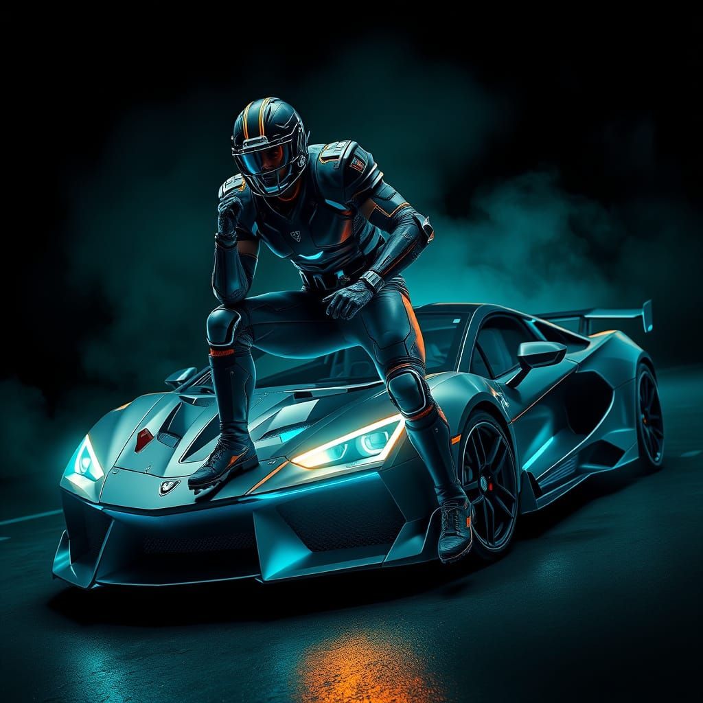 Cyberpunk Football Player on Neon Sports Car