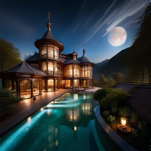 Dreamlike Rotating Villa with Fox, Hyperdetailed Photorealis...